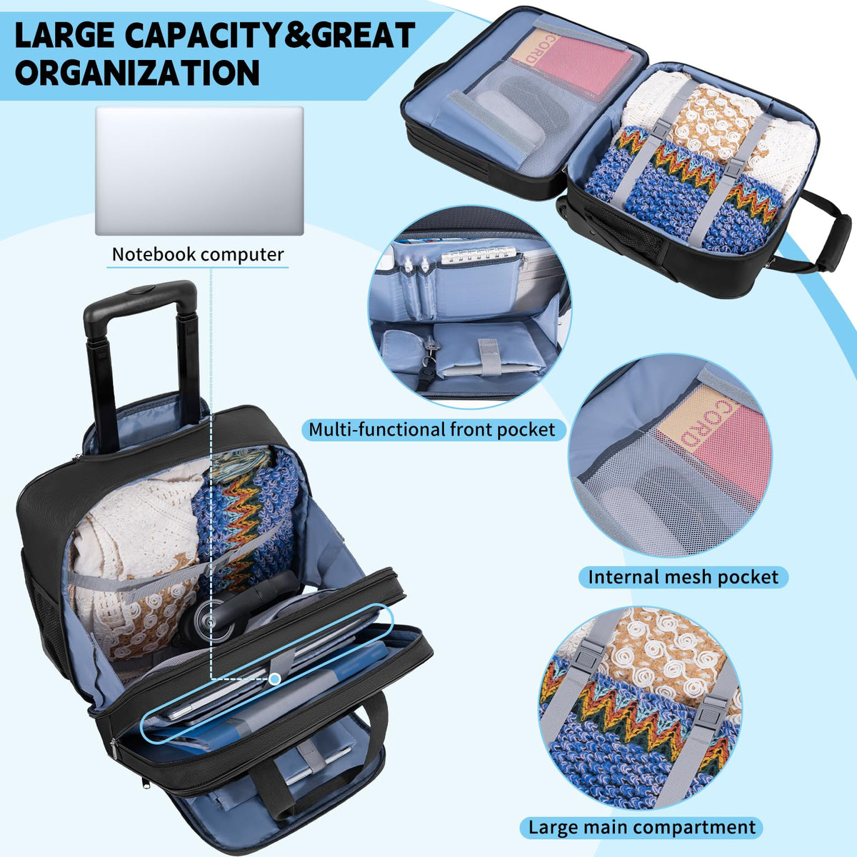Water-Resistant 17.3" Rolling Laptop Bag with RFID Pocket O8806