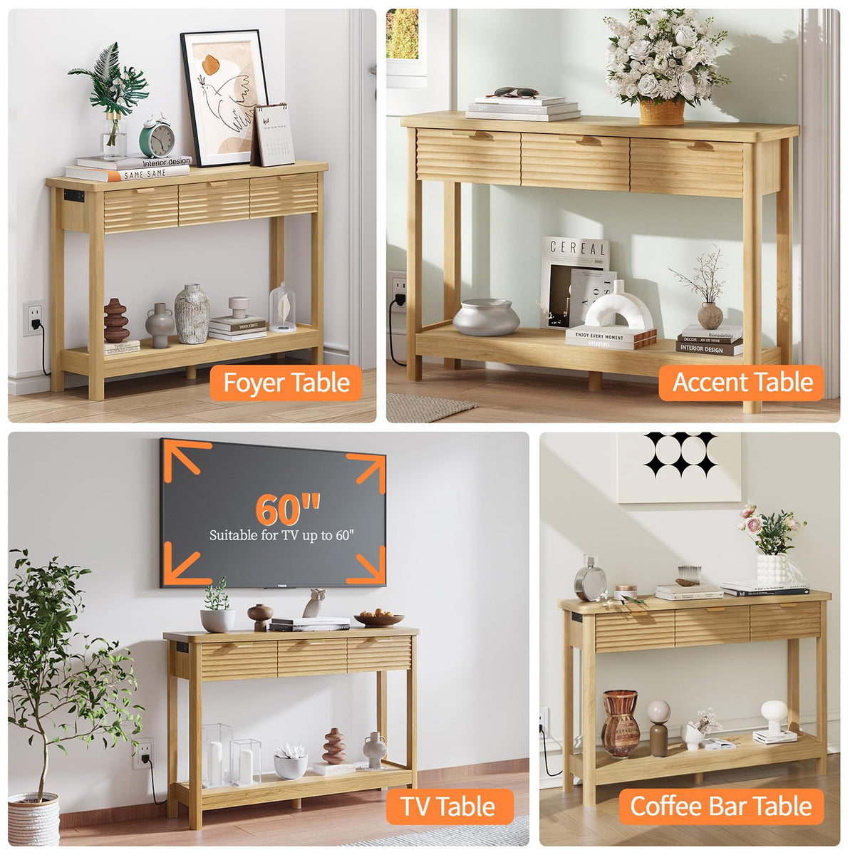 47.2" Narrow Console Table with 3 Drawers & Charging Station, Oak V64862