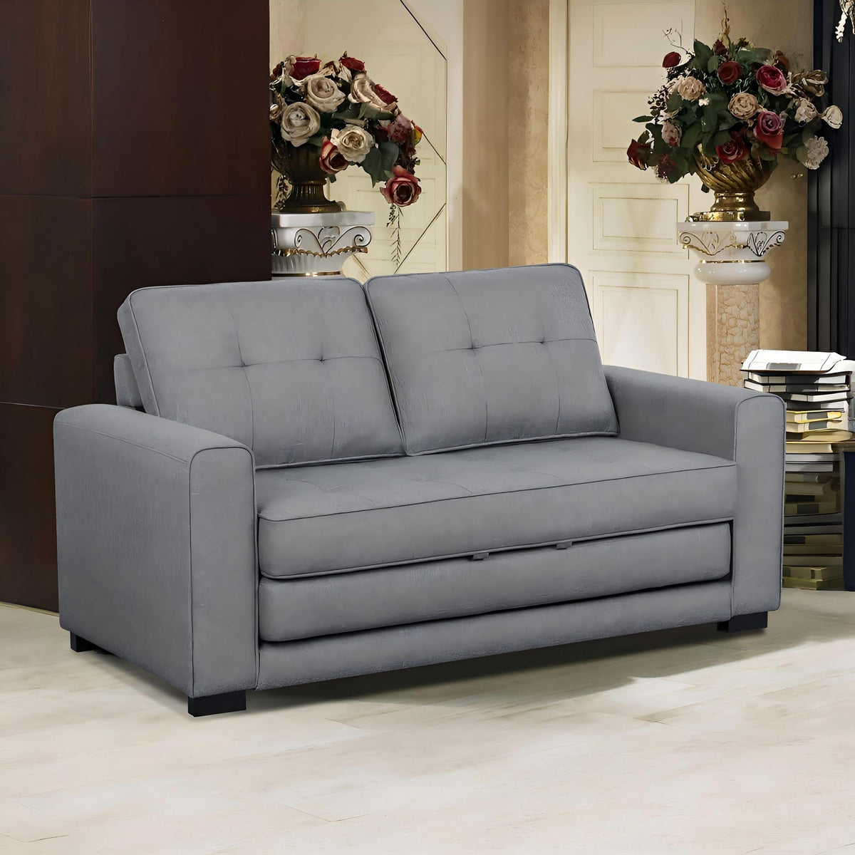 Light Gray Tufted Pull-Out Sleeper Loveseat I8267