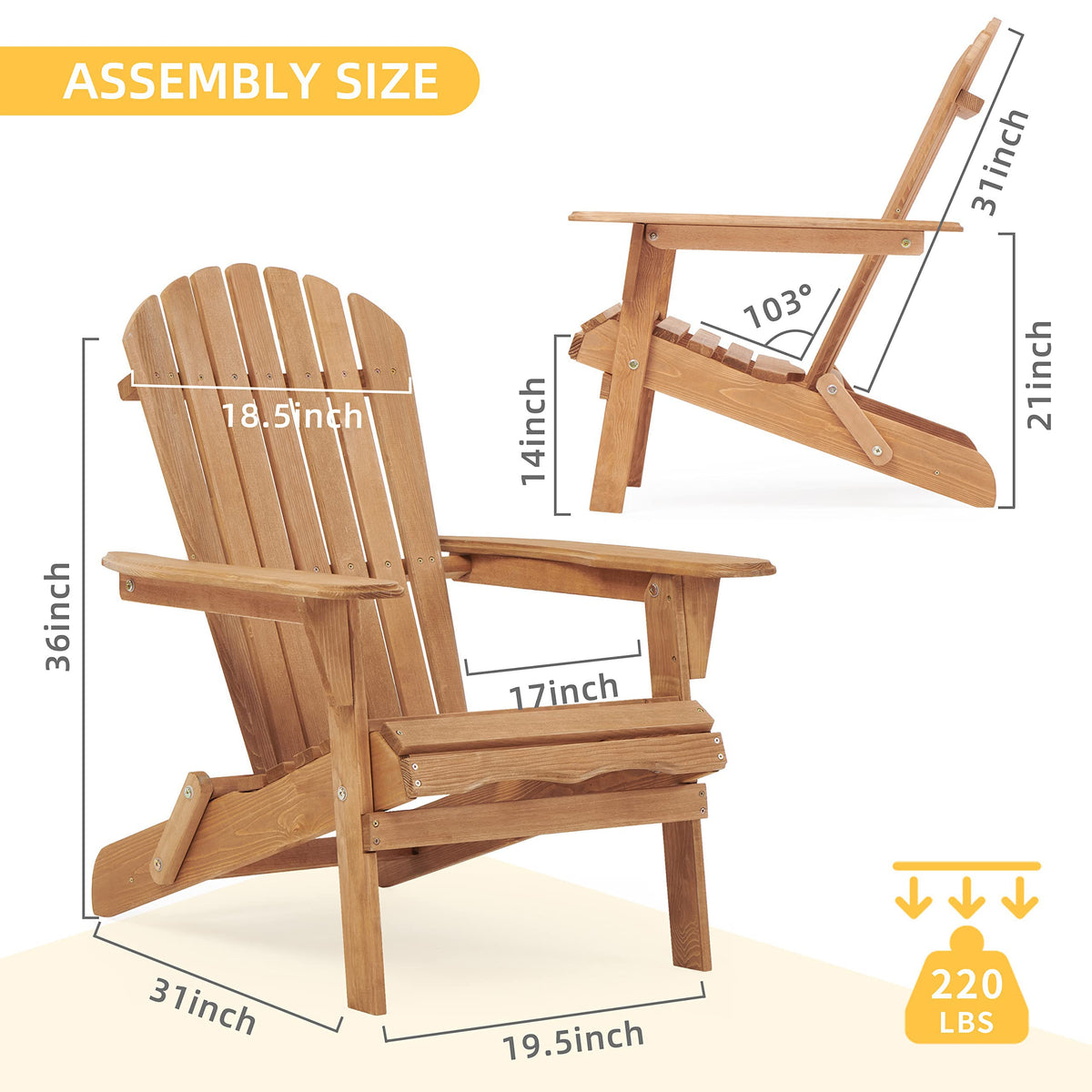 Wooden Folding Adirondack Chair Set of 2 Solid Cedar Light Brown T92375