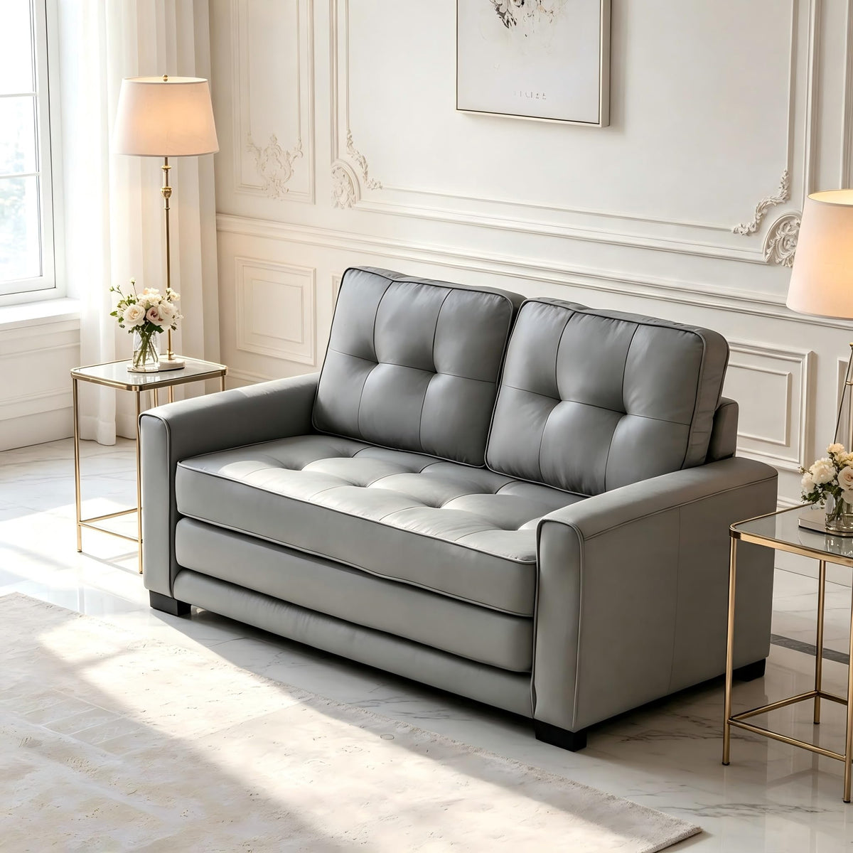 Light Gray Tufted Pull-Out Sleeper Loveseat I8267