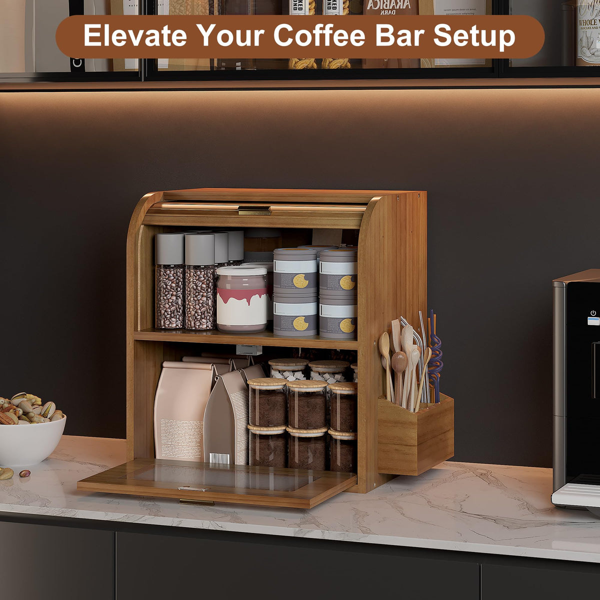 Roll Top Wooden Bread Box with Window P245