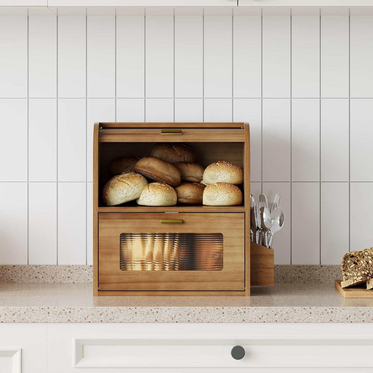 Roll Top Wooden Bread Box with Window P245