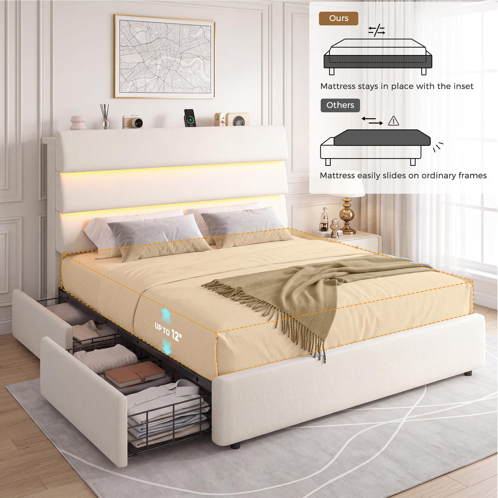 Beige Queen Size Bed Frame with 2 Storage Drawers W9086