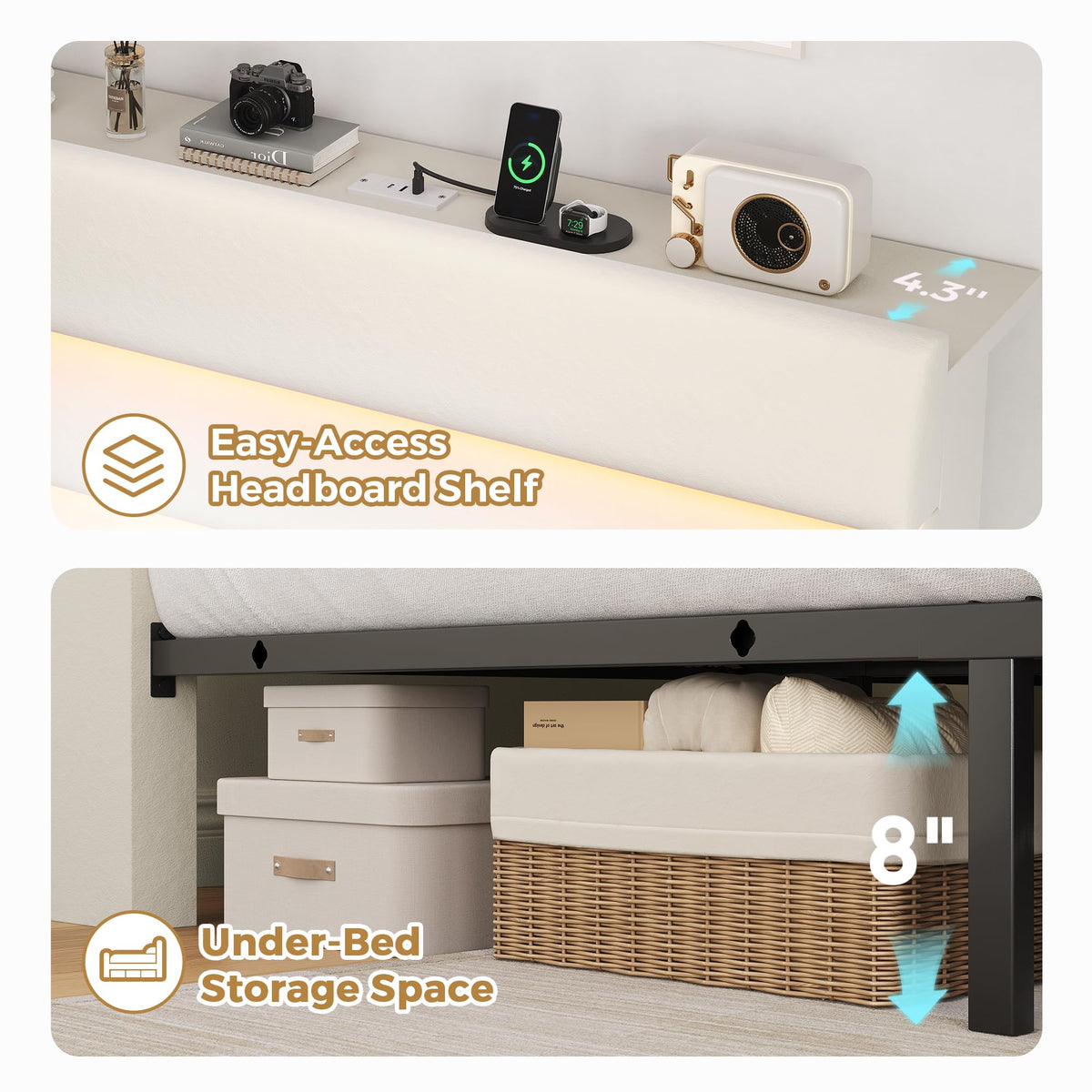 Beige Queen Size Bed Frame with 2 Storage Drawers W9086