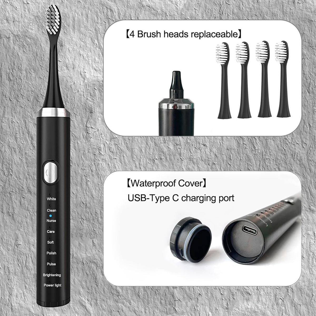 Black Rechargeable Electric Toothbrush with 4 Replacement Heads O53774