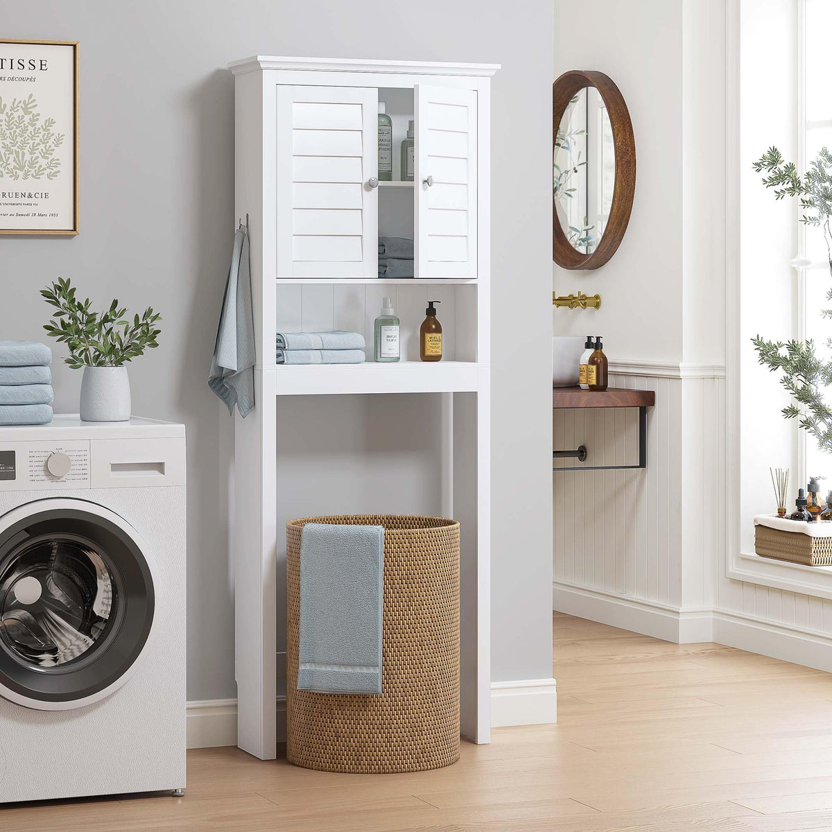 White Over The Toilet Storage Cabinet with Louvered Doors & Hooks Y407214