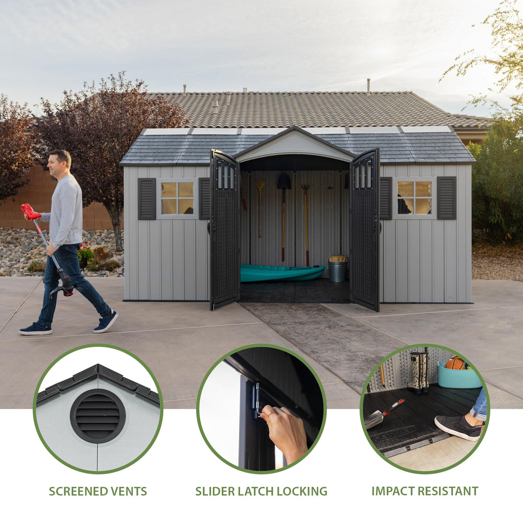 15x8 Ft Gray Resin Outdoor Storage Shed with Lockable Doors D3334
