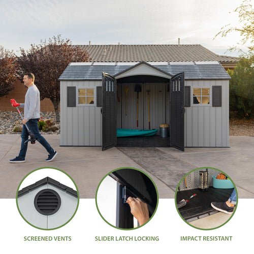 15x8 Ft Gray Resin Outdoor Storage Shed with Lockable Doors D3334