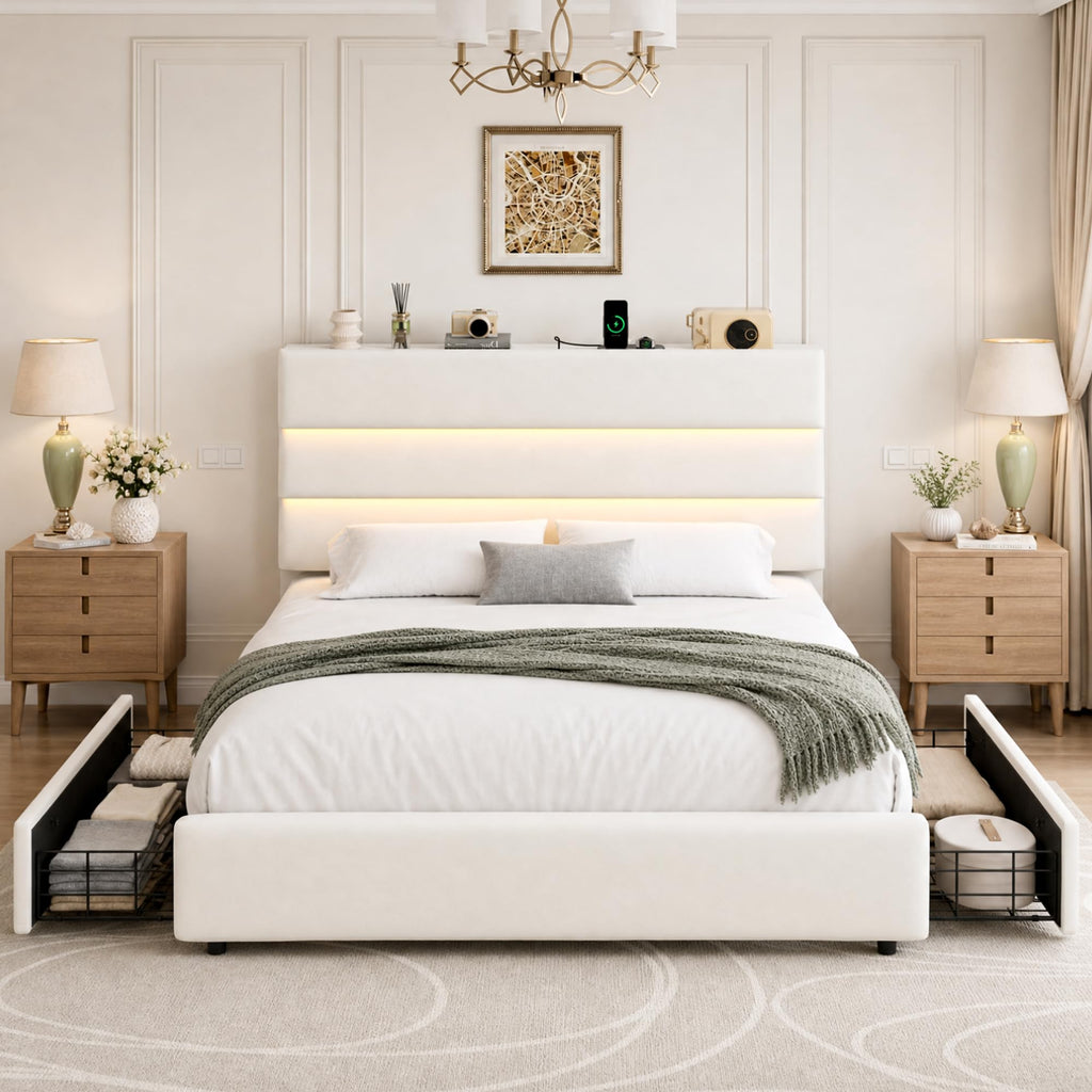 Beige Queen Size Bed Frame with 2 Storage Drawers W9086