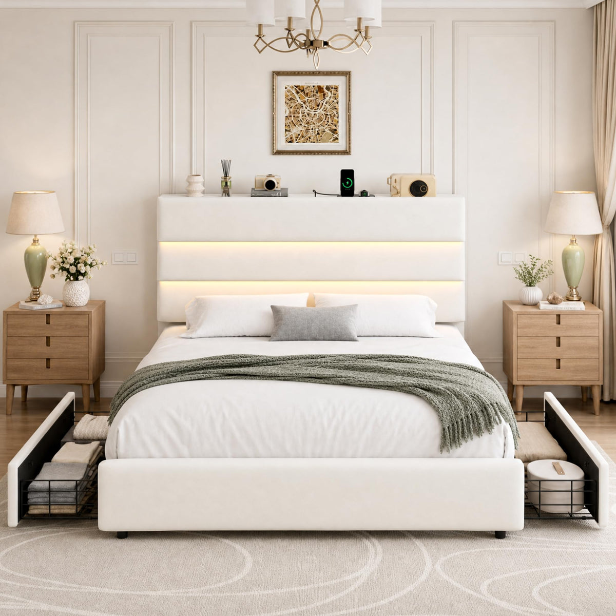 Beige Queen Size Bed Frame with 2 Storage Drawers W9086