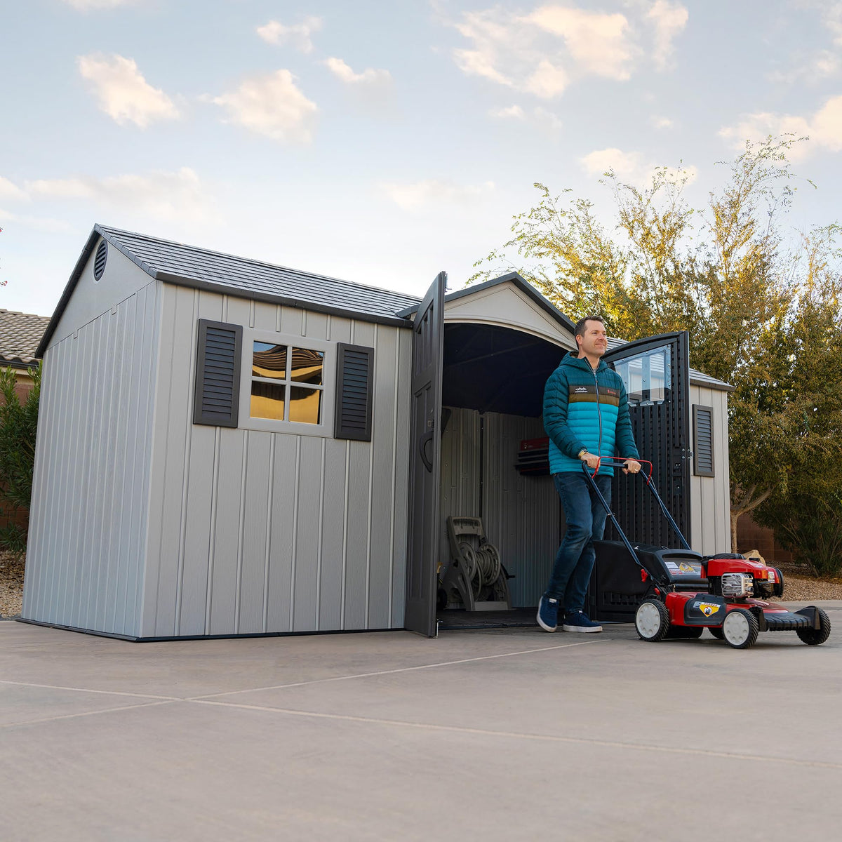 15x8 Ft Gray Resin Outdoor Storage Shed with Lockable Doors D3334