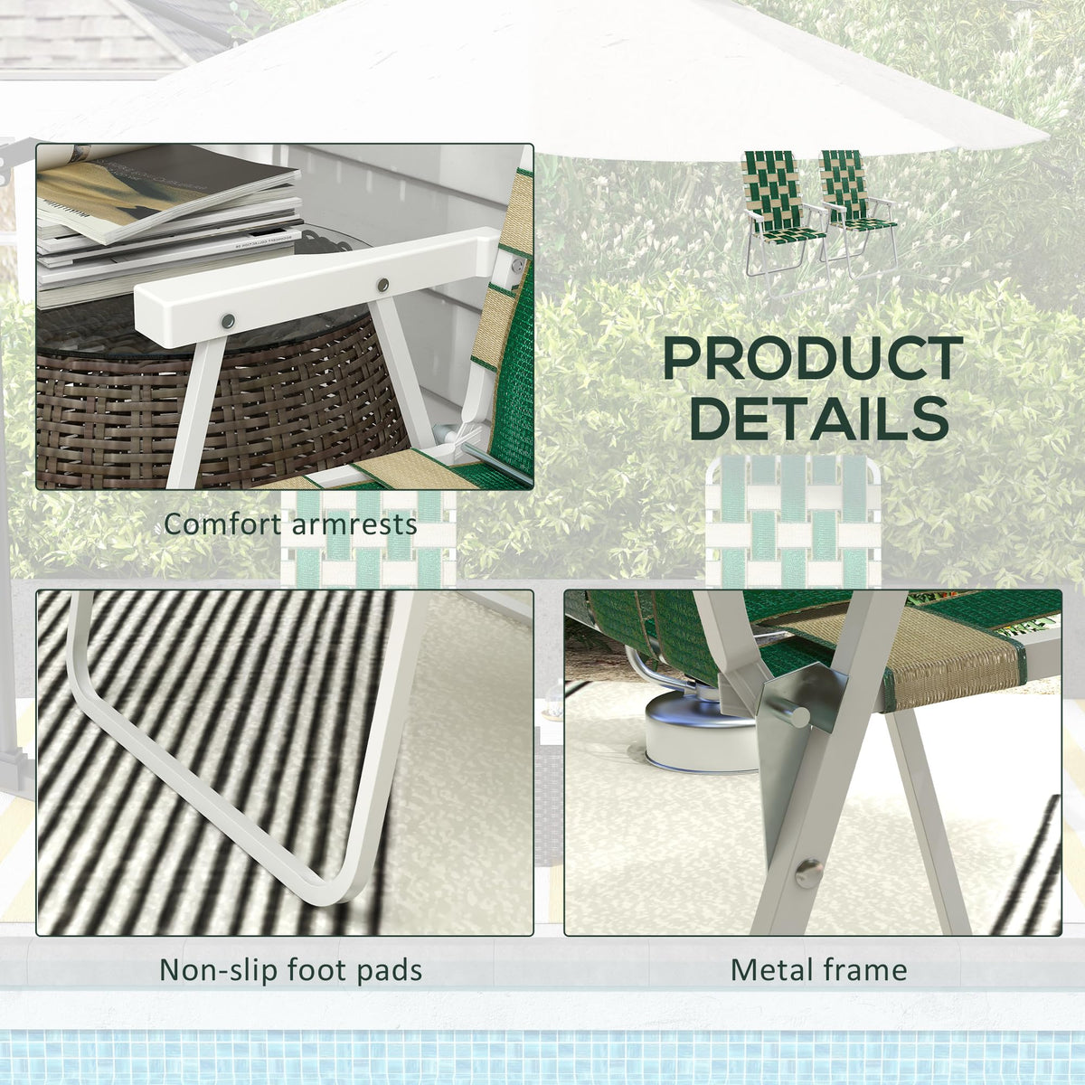 Set of 2 Oversized Folding Webbed Lawn Chairs with Armrests H1593