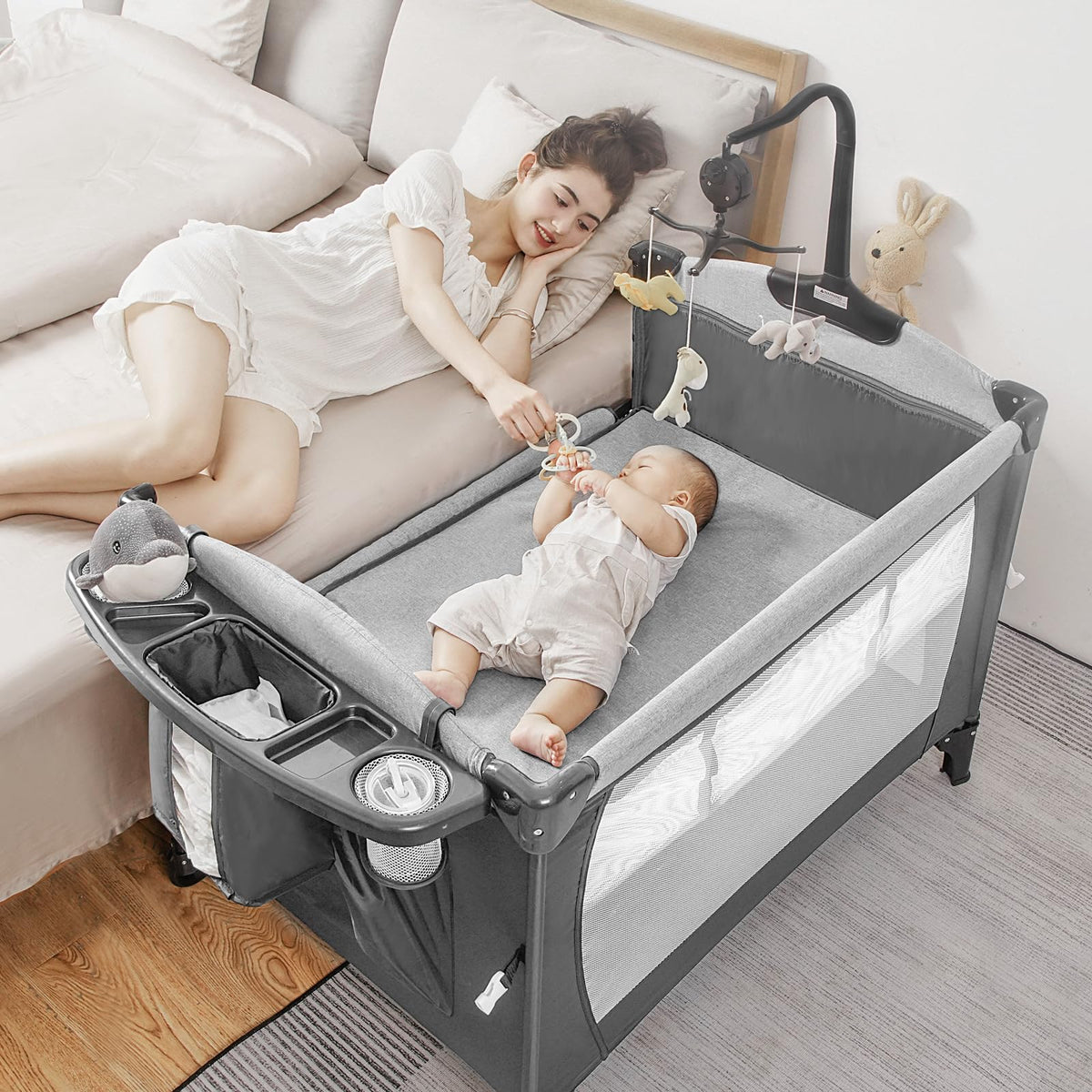 5-in-1 Pack and Play Baby Bassinet Bedside Sleeper Grey F229902