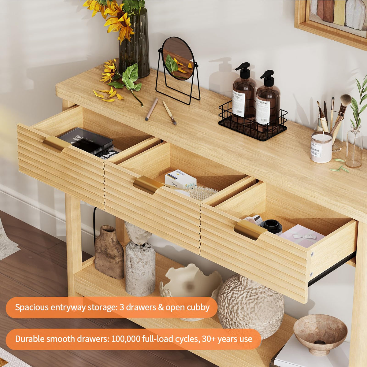 47.2" Narrow Console Table with 3 Drawers & Charging Station, Oak V64862