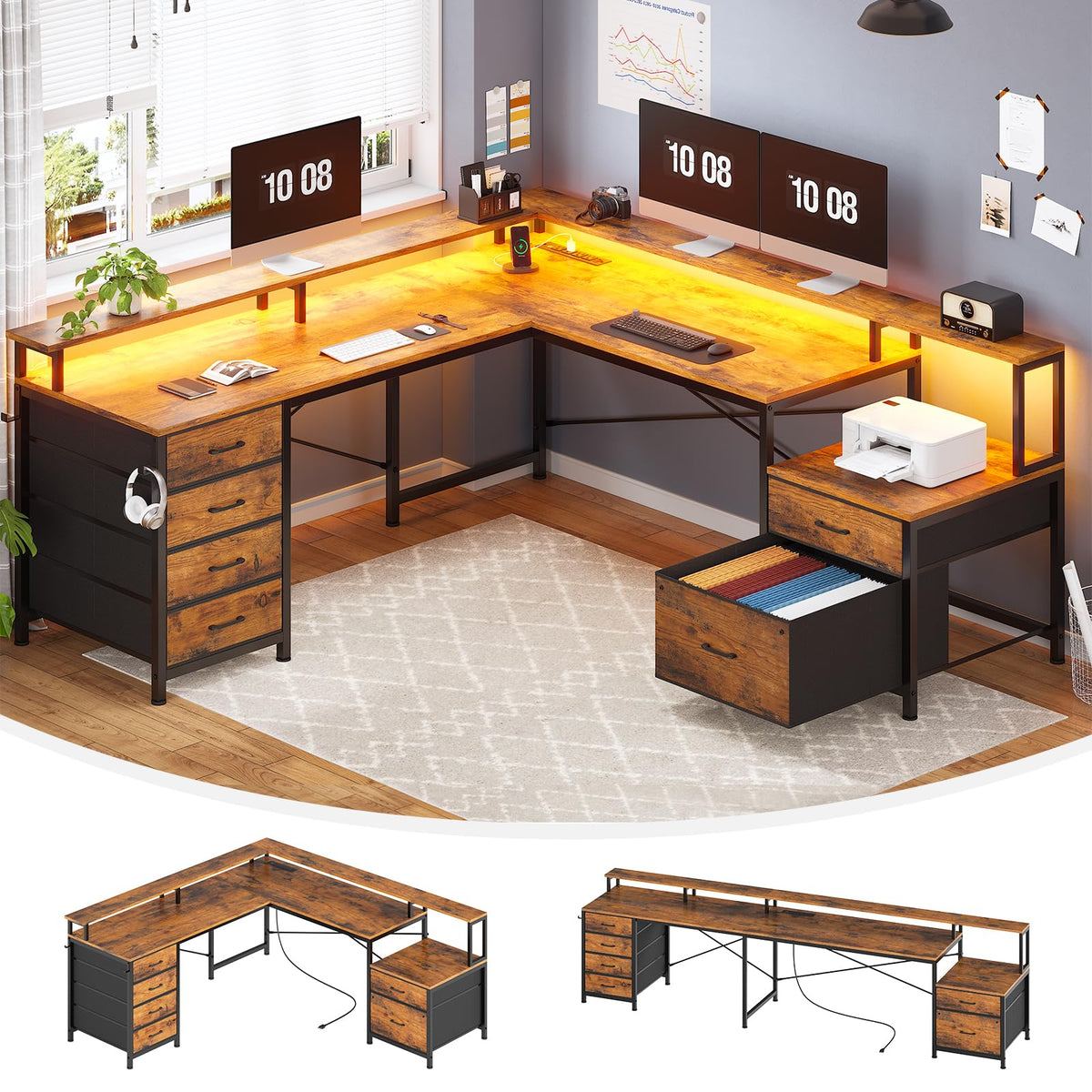 L Shaped Computer Desk with 6 Drawer U6686