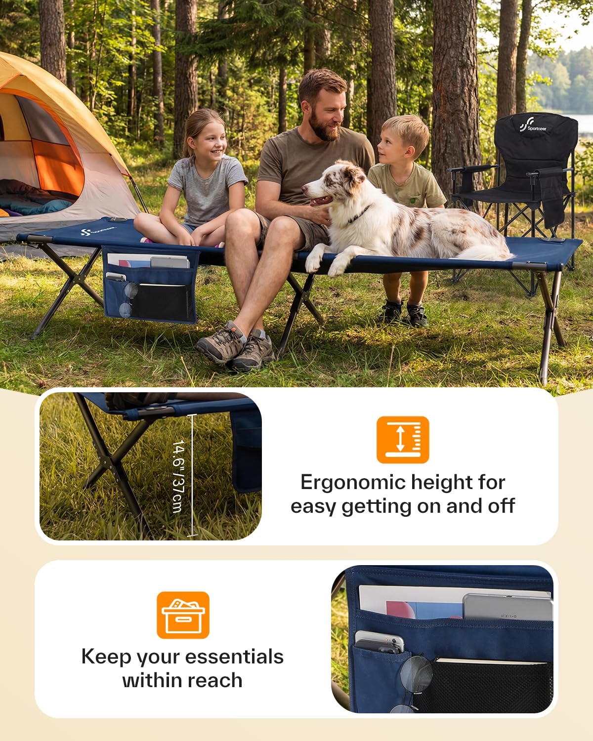 Camping Cot 78.3"x28.7"x14.6" Heavy Duty Folding Bed Support 330 Lbs I21940