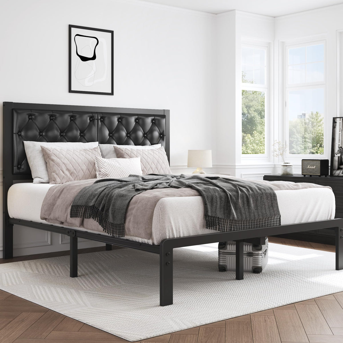 Queen Upholstered Button Tufted Bed Frame with Storage F315