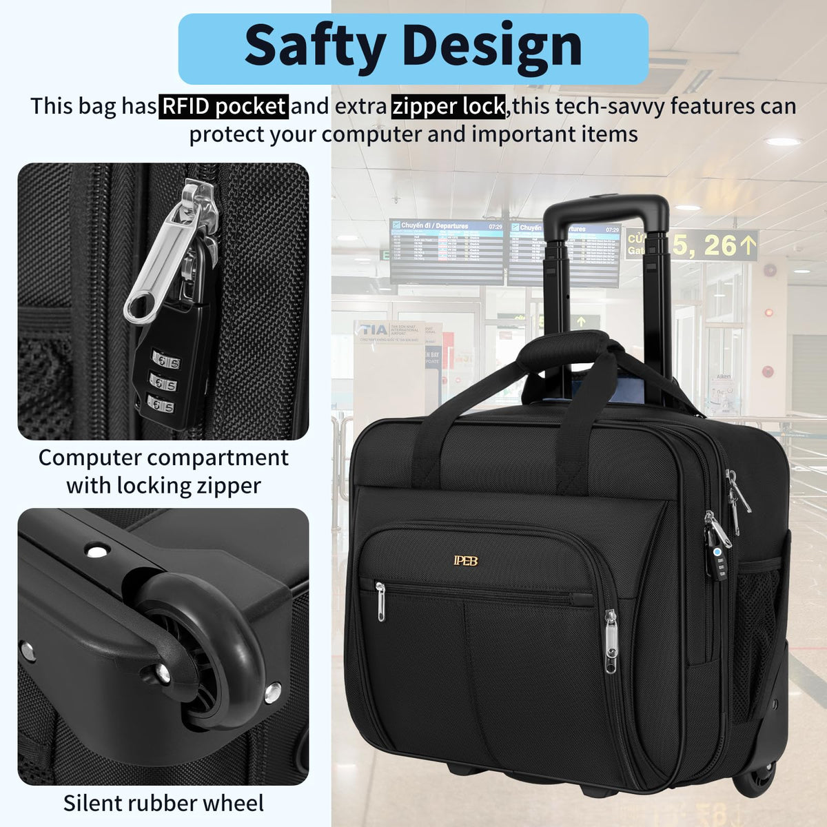 Water-Resistant 17.3" Rolling Laptop Bag with RFID Pocket O8806