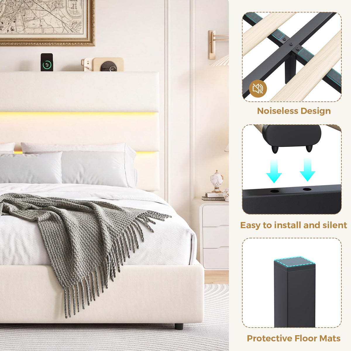 Beige Queen Size Bed Frame with 2 Storage Drawers W9086