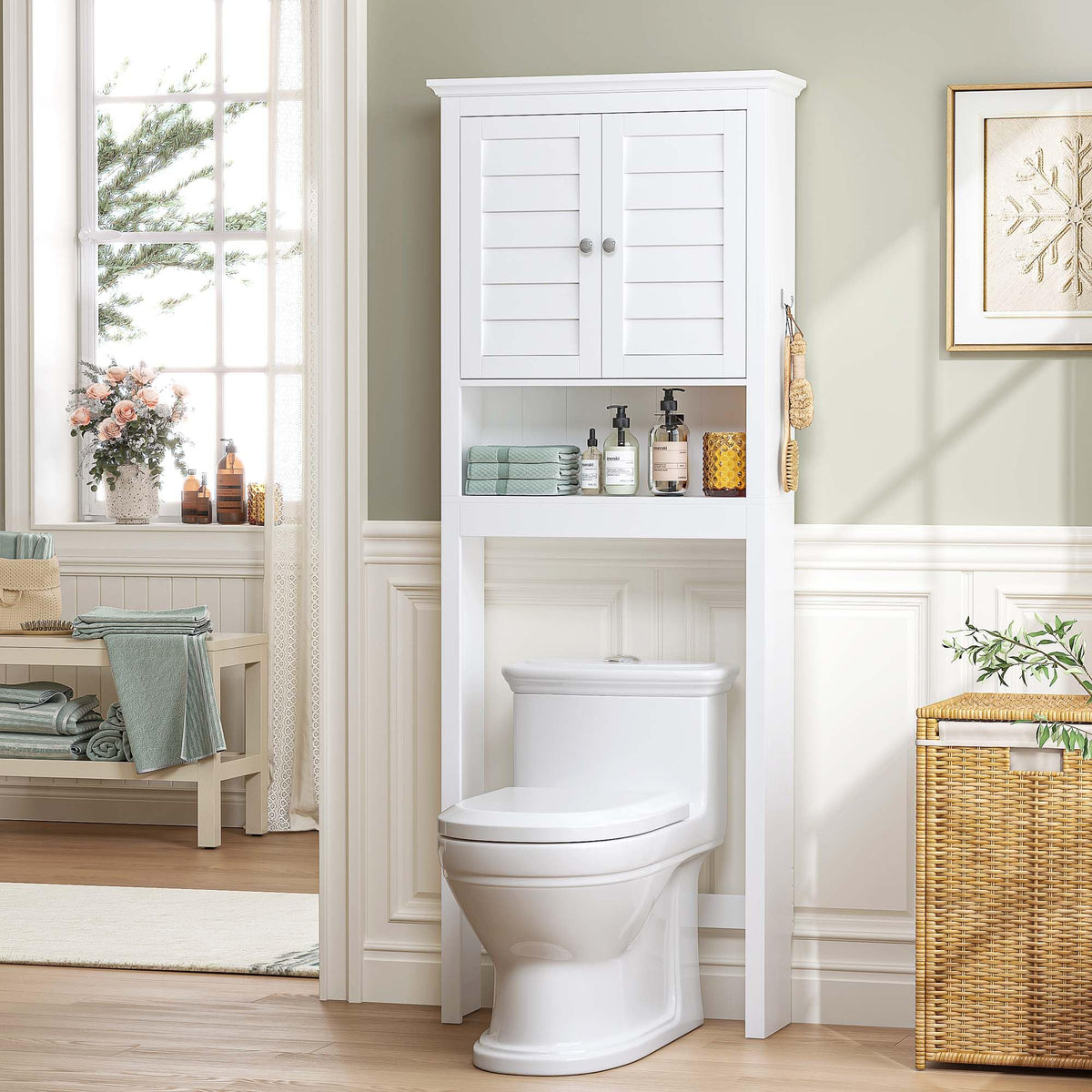 White Over The Toilet Storage Cabinet with Louvered Doors & Hooks Y407214