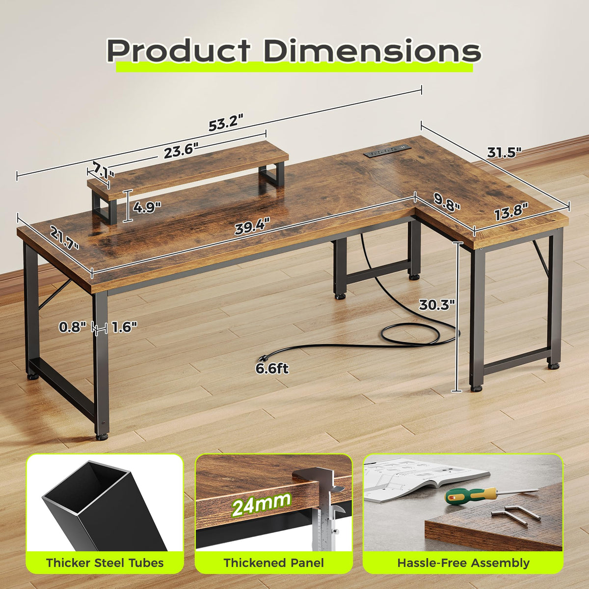 53" L Shaped Computer Desk with Outlets J7892