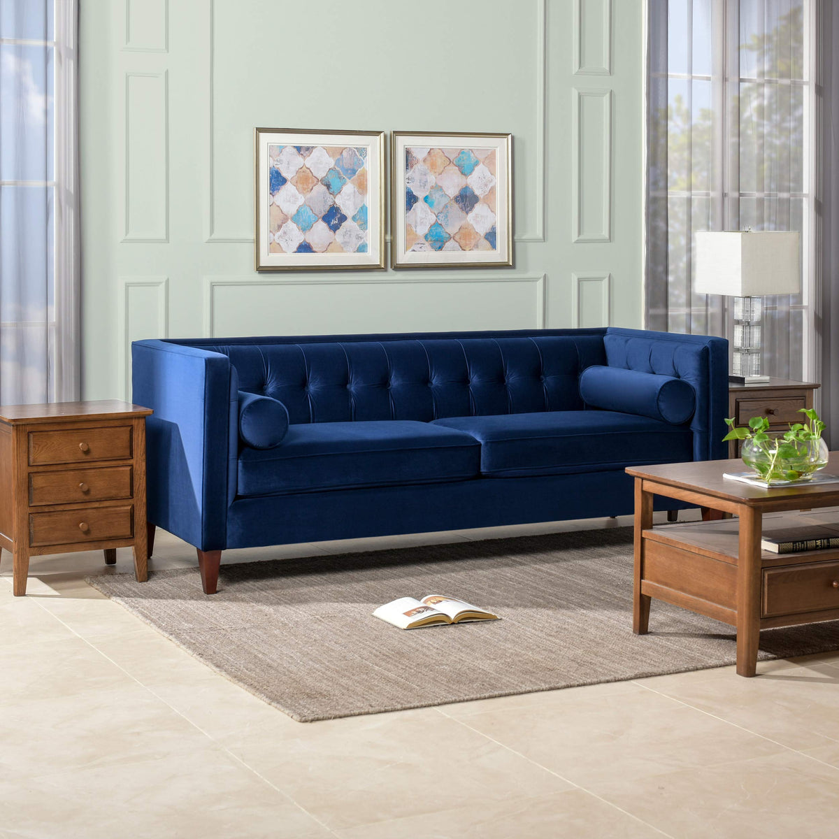 Navy Blue Velvet Tufted Sofa L257