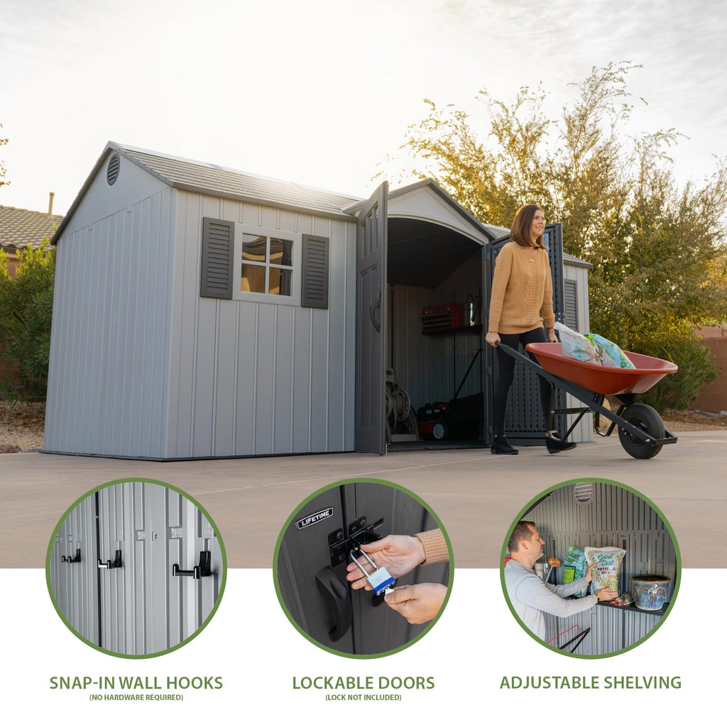 15x8 Ft Gray Resin Outdoor Storage Shed with Lockable Doors D3334