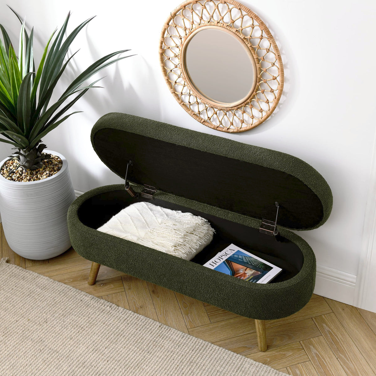 Oval Storage Bench with Rubber Wood Legs, Green B5994