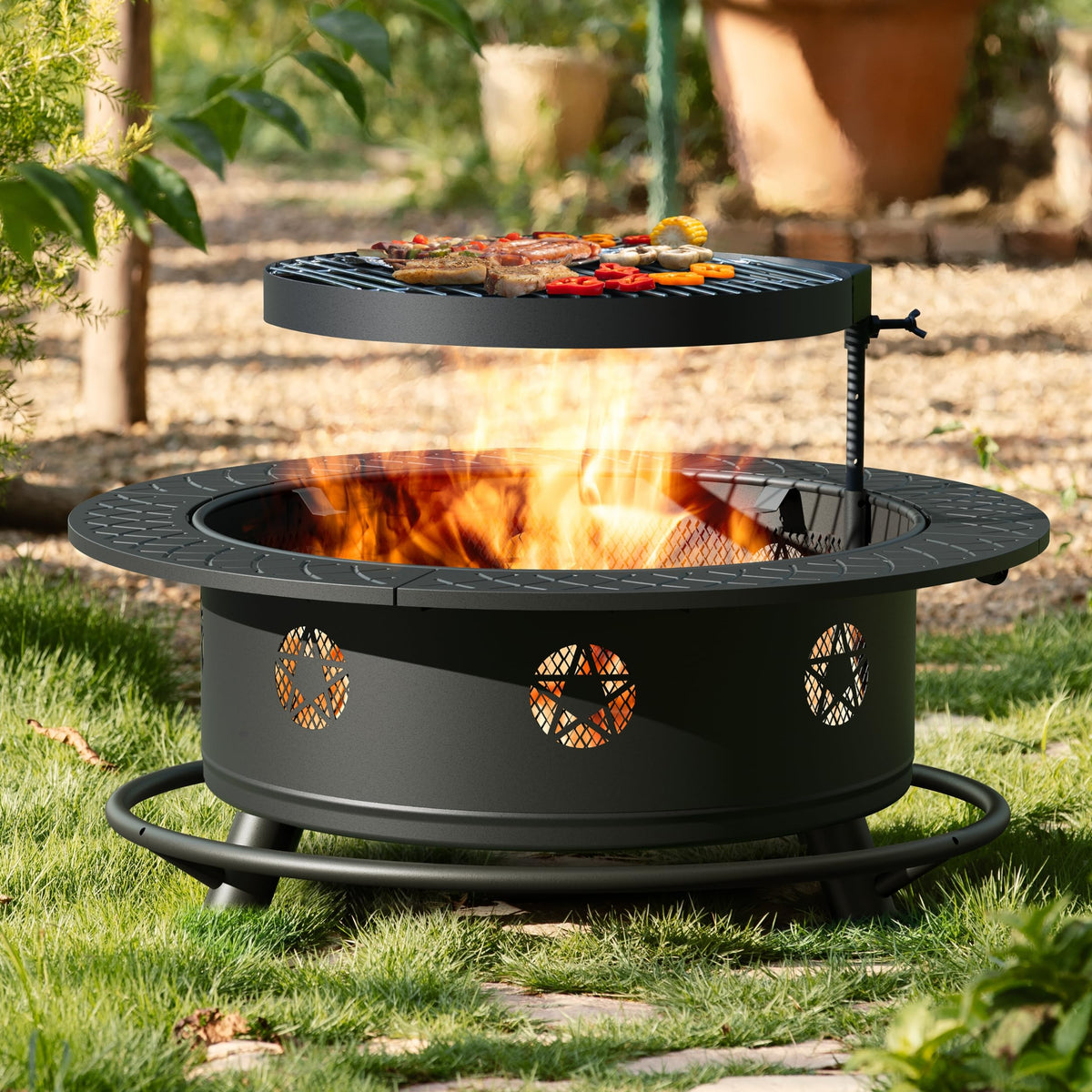 35 Inch Wood Burning Fire Pit with BBQ Grill G983378