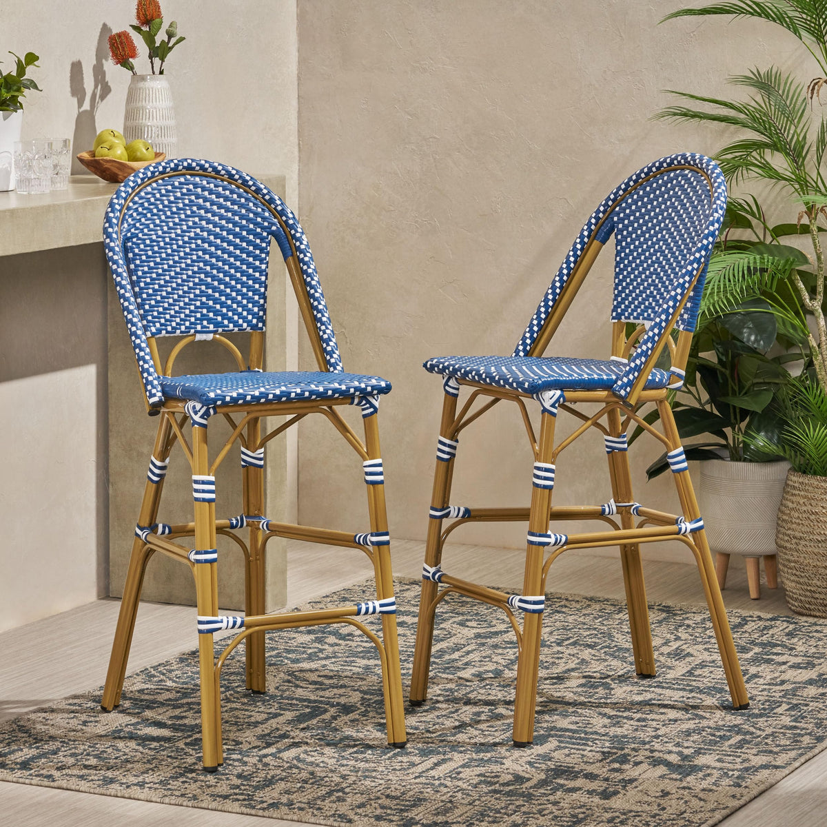 Teal Blue Rattan Counter Height Bar Stools Set of 2 E12898