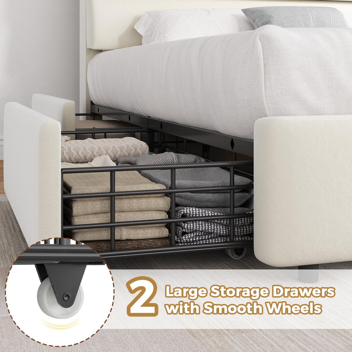 Beige Queen Size Bed Frame with 2 Storage Drawers W9086
