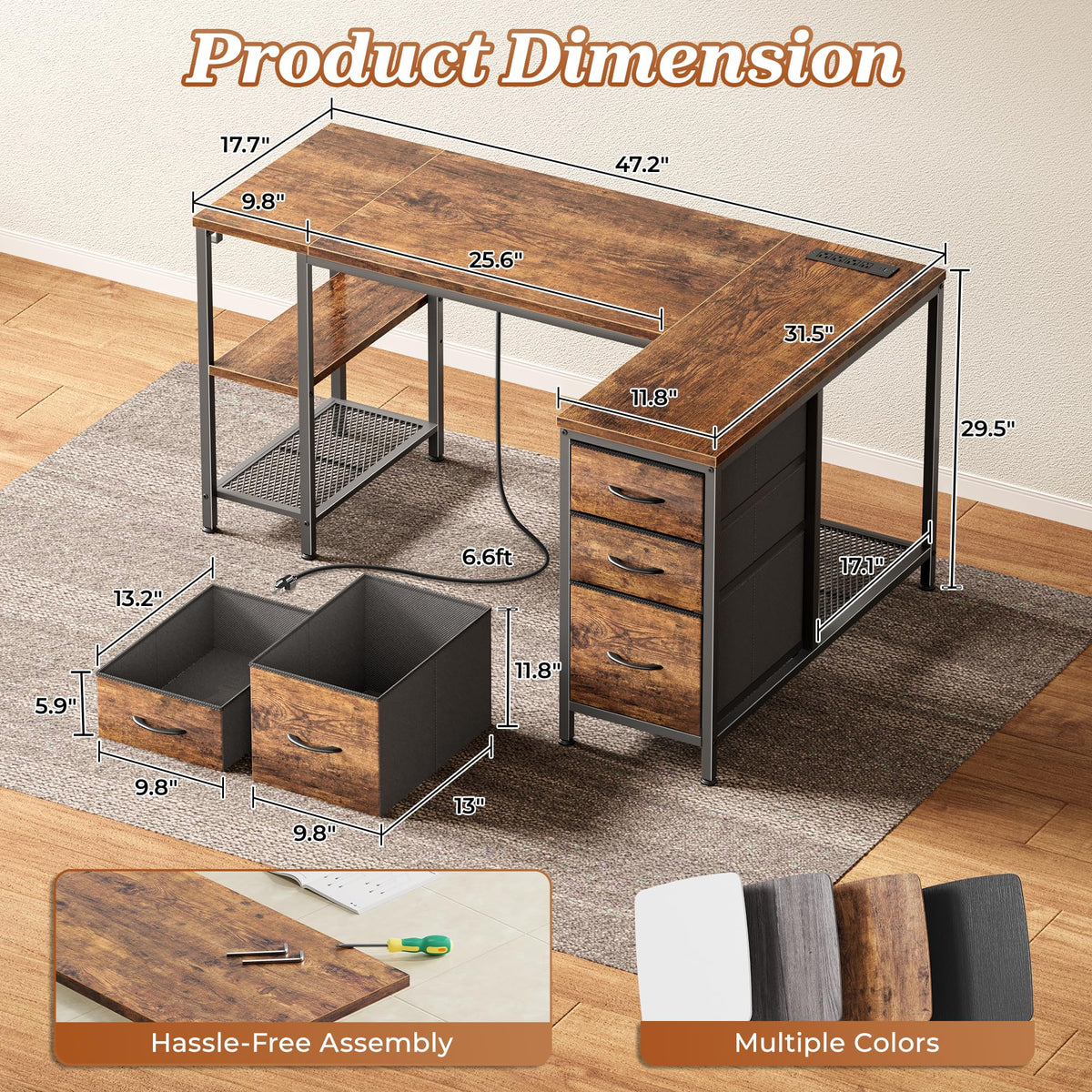 47.2'' L Shaped Office Desk with 3 Drawers J5263